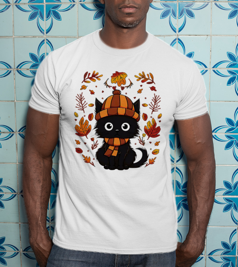 Black Cat Autumn Leaves Cozy Fall T-Shirt