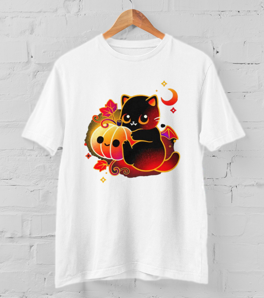 Cat Demon Halloween Moon Pumpkin Leaves Bat Wings T-Shirt