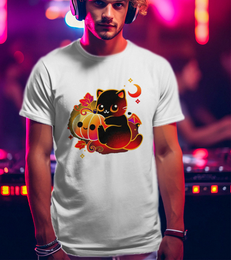 Cat Demon Halloween Moon Pumpkin Leaves Bat Wings T-Shirt