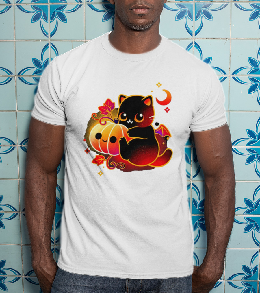 Cat Demon Halloween Moon Pumpkin Leaves Bat Wings T-Shirt