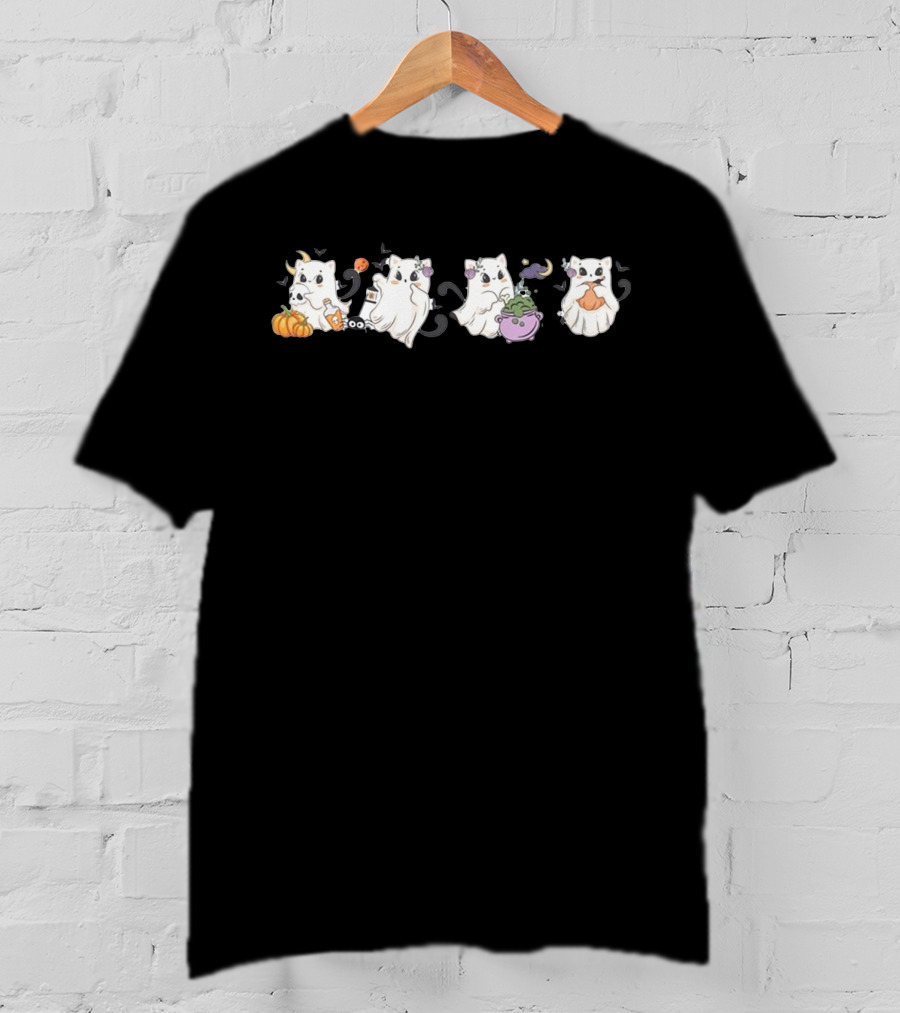 Halloween Cute Kitty Cat Ghost Pumpkin Cauldron Ghost Cookie Spooky T-Shirt