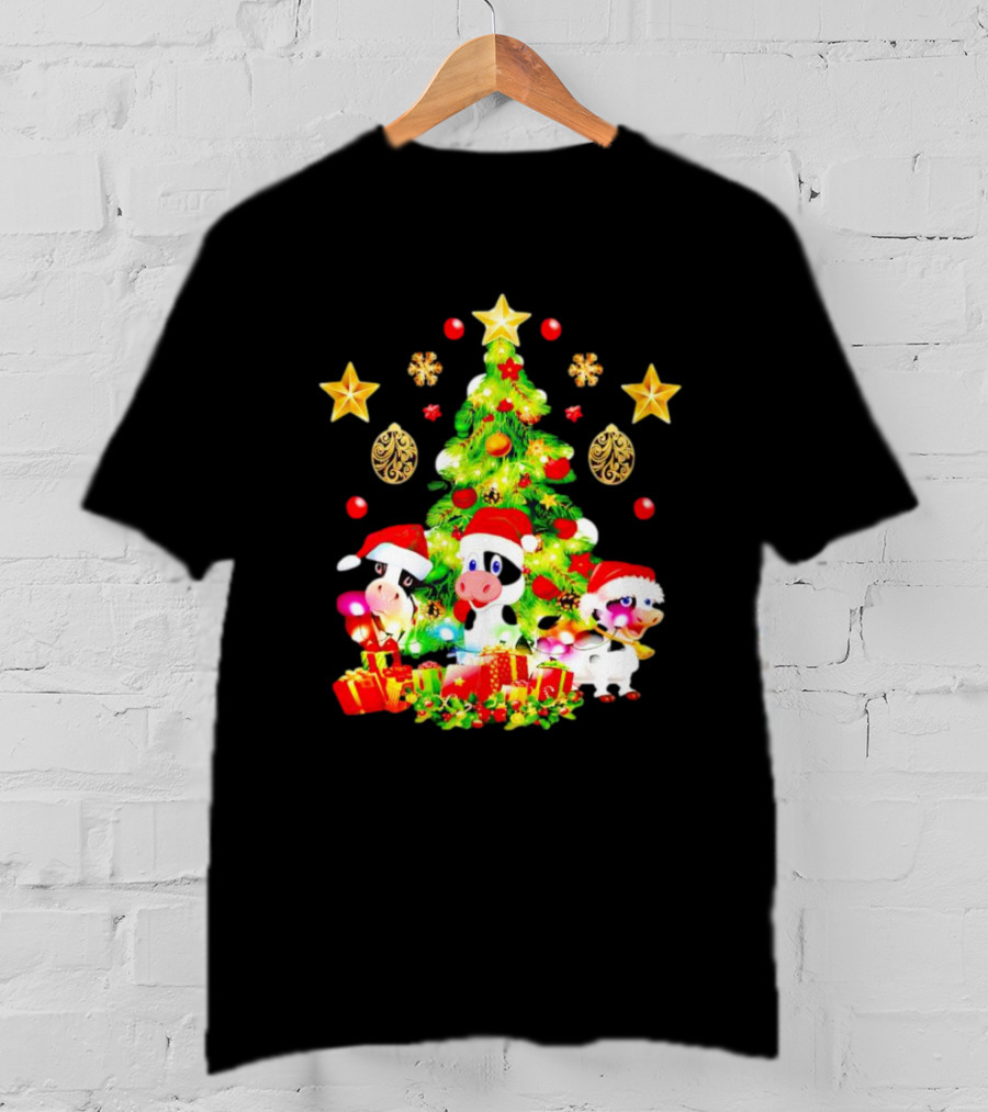 Dairy Cow With Christmas Tree Festive Santa Hats And Presents T-Shirt