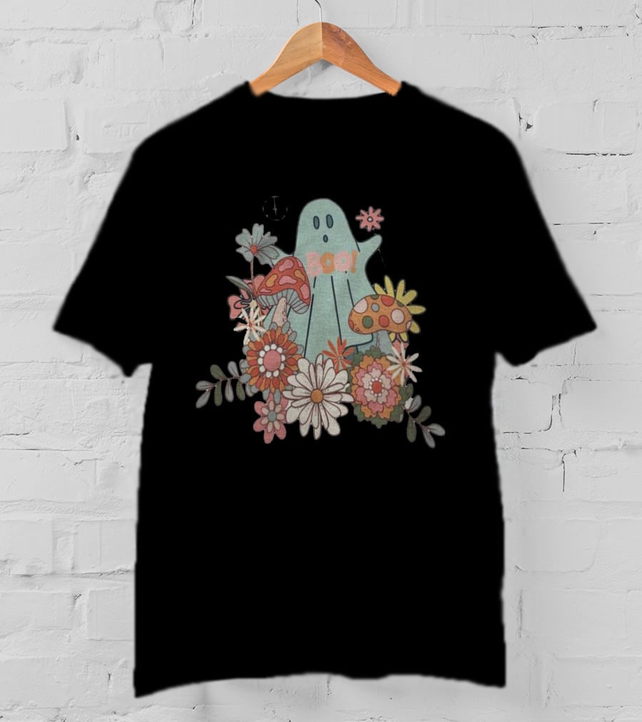 Hippie Boo Ghost With Flowers And Colorful Mushrooms T-Shirt