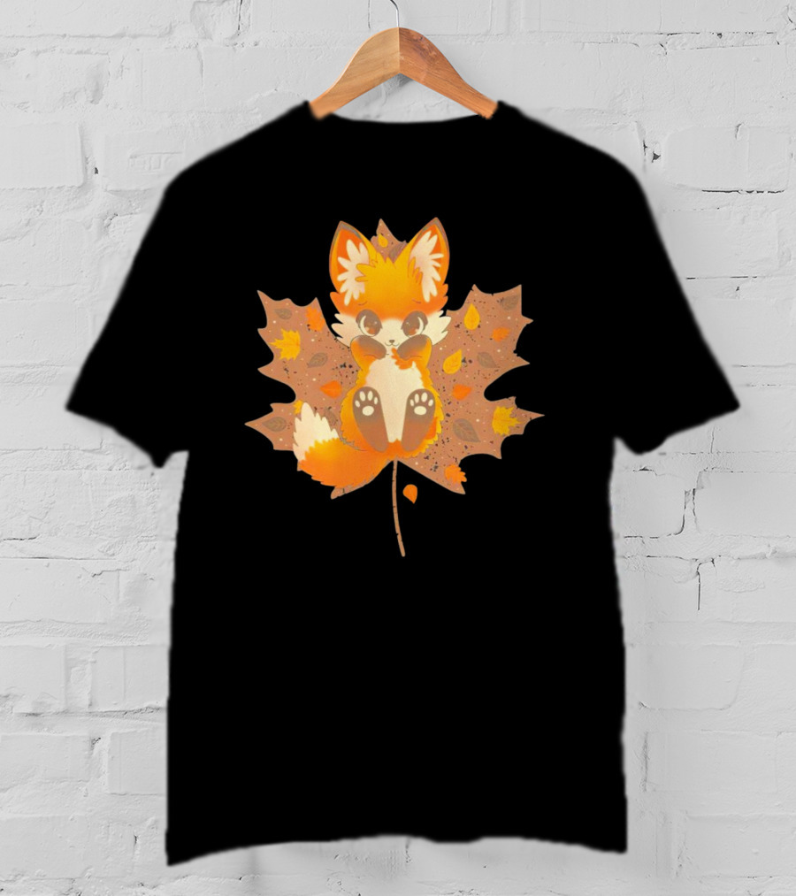 Kitsune Autumn Fox With Maple Leaf And Fall Colors T-Shirt