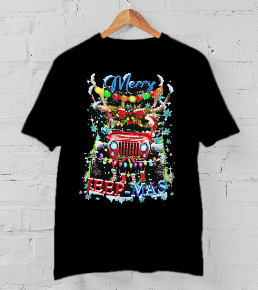 Merry Jeep Mas Reindeer Lights Snowflakes Christmas Decorations T-Shirt