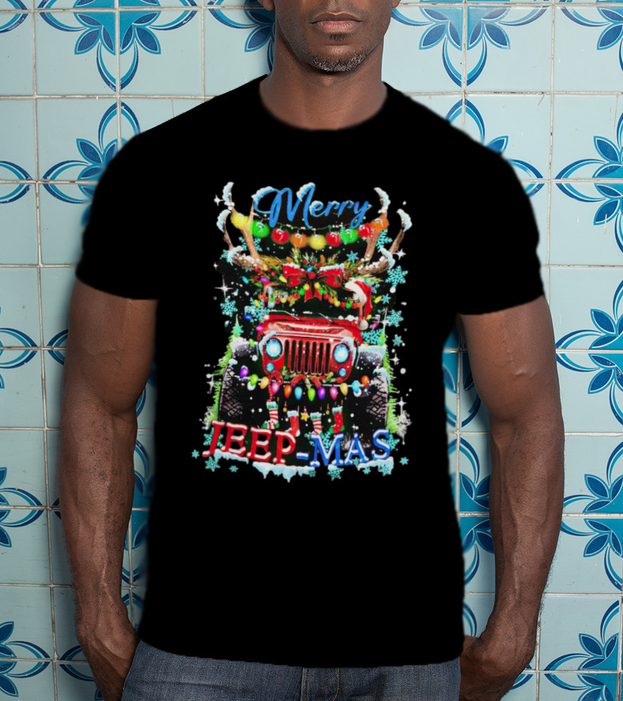 Merry Jeep Mas Reindeer Lights Snowflakes Christmas Decorations T-Shirt