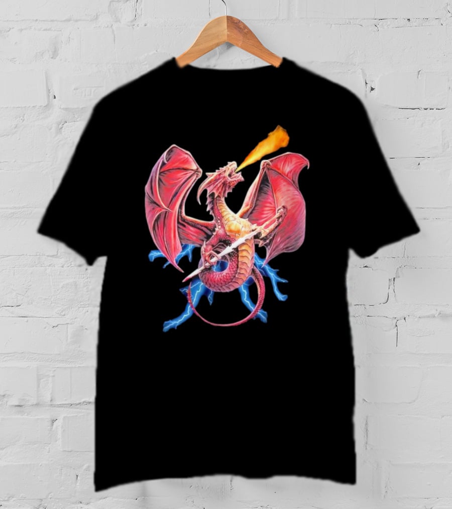 Red Dragon Breathing Fire Holding Sword Flying With Lightning In Background T-Shirt