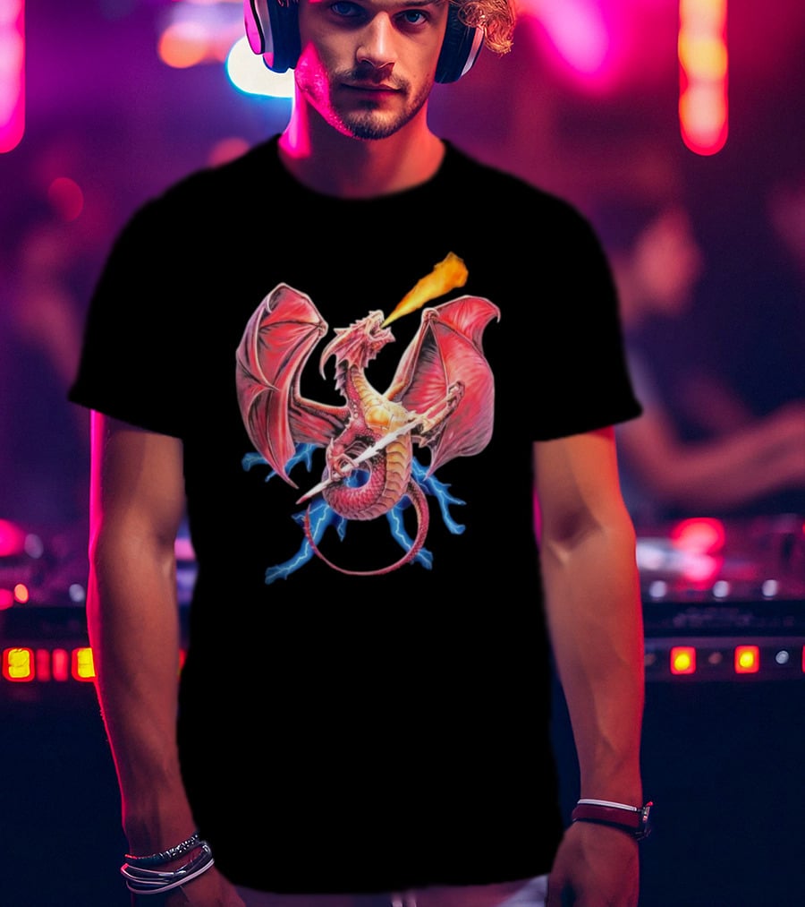Red Dragon Breathing Fire Holding Sword Flying With Lightning In Background T-Shirt