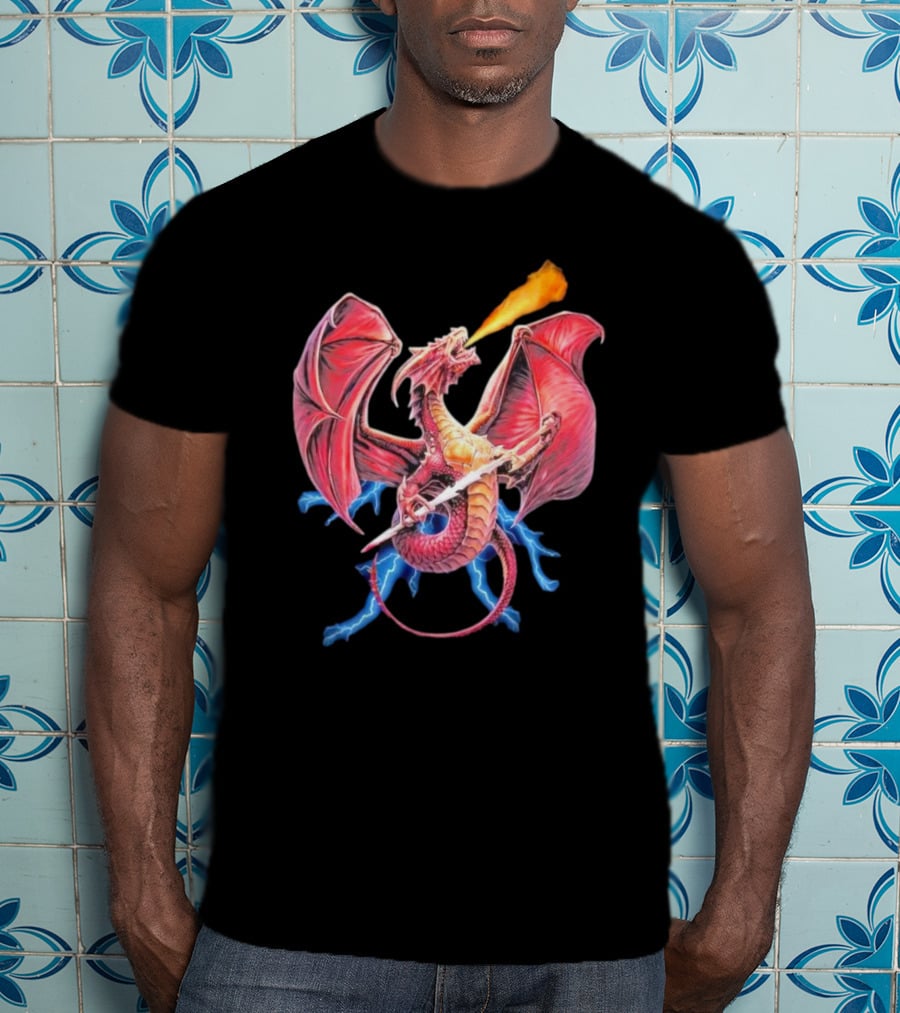 Red Dragon Breathing Fire Holding Sword Flying With Lightning In Background T-Shirt