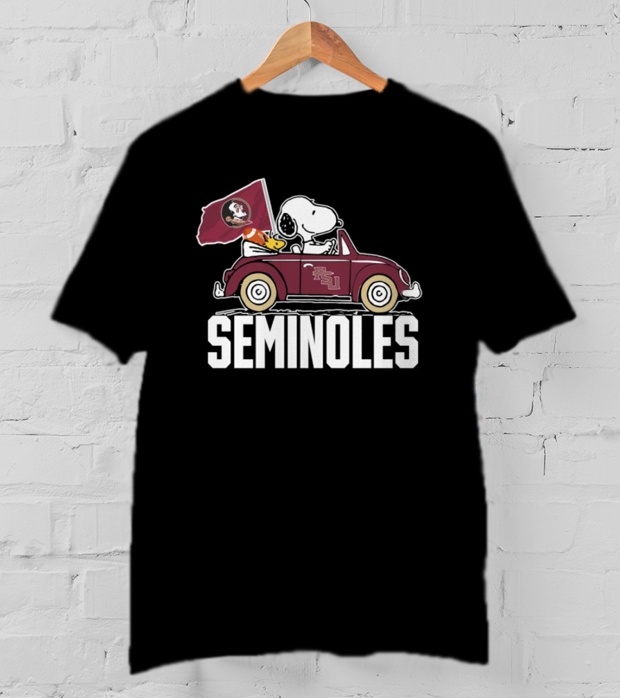 Snoopy And Woodstock In Seminoles Car Florida State Flag Peanuts T-Shirt