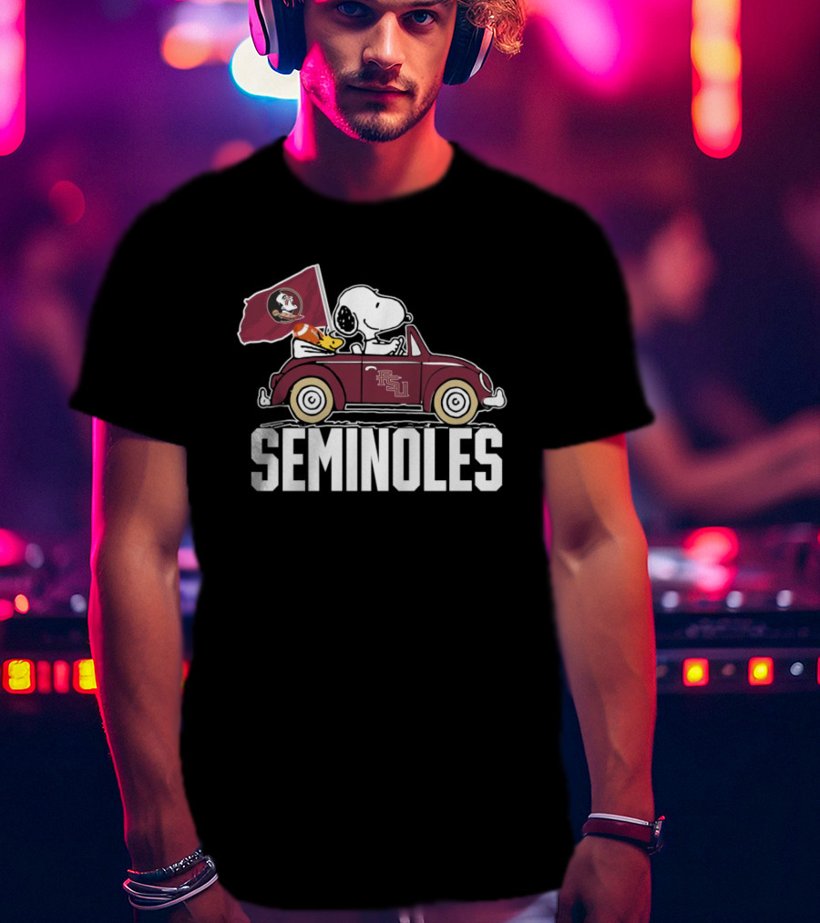 Snoopy And Woodstock In Seminoles Car Florida State Flag Peanuts T-Shirt