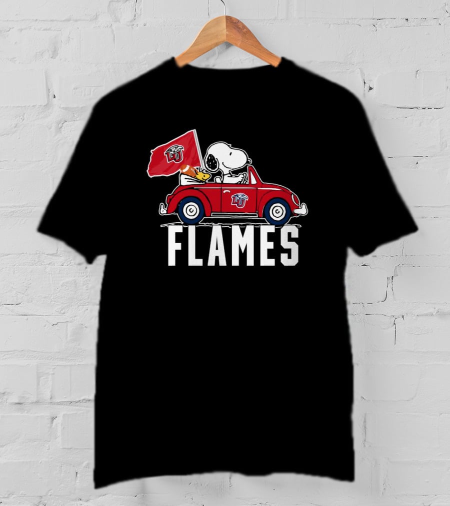 Snoopy And Woodstock Driving Liberty University Flames Car T-Shirt