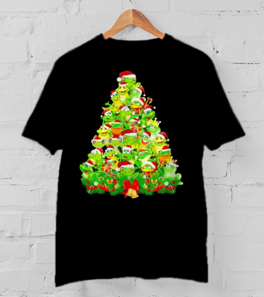 Frogs With Santa Hats Christmas Tree Holiday T-Shirt