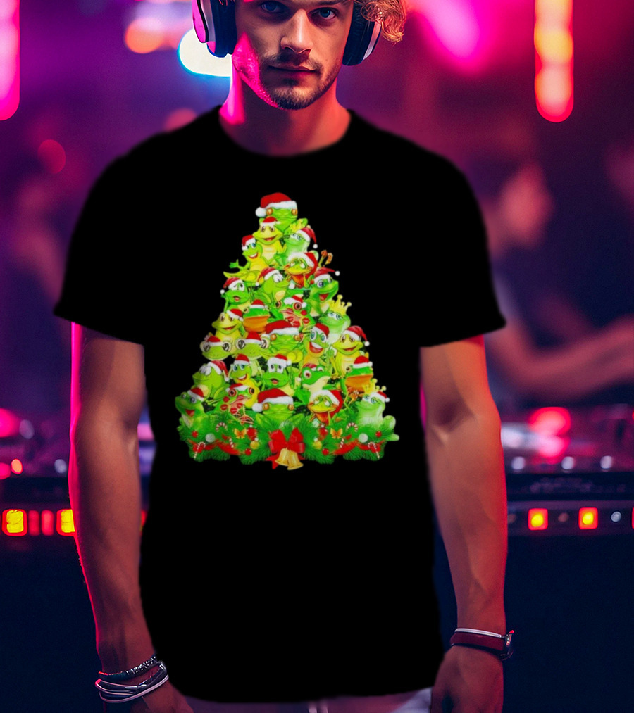 Frogs With Santa Hats Christmas Tree Holiday T-Shirt