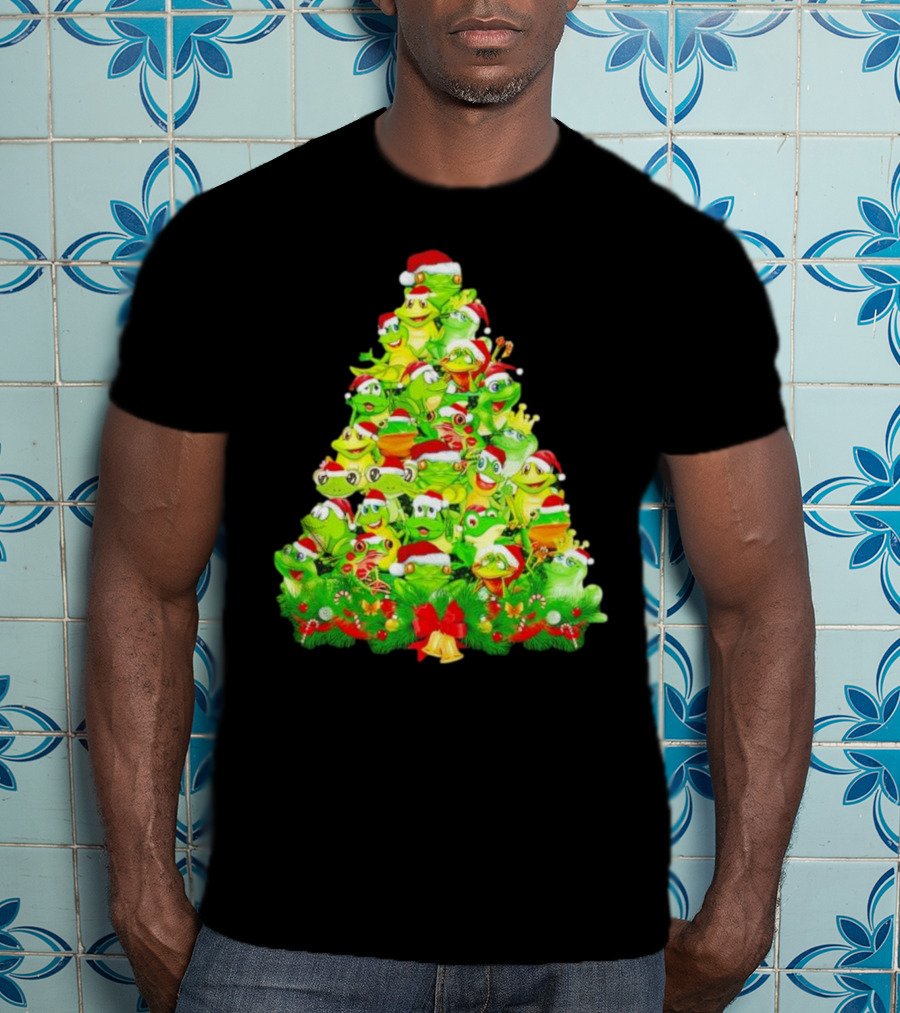 Frogs With Santa Hats Christmas Tree Holiday T-Shirt
