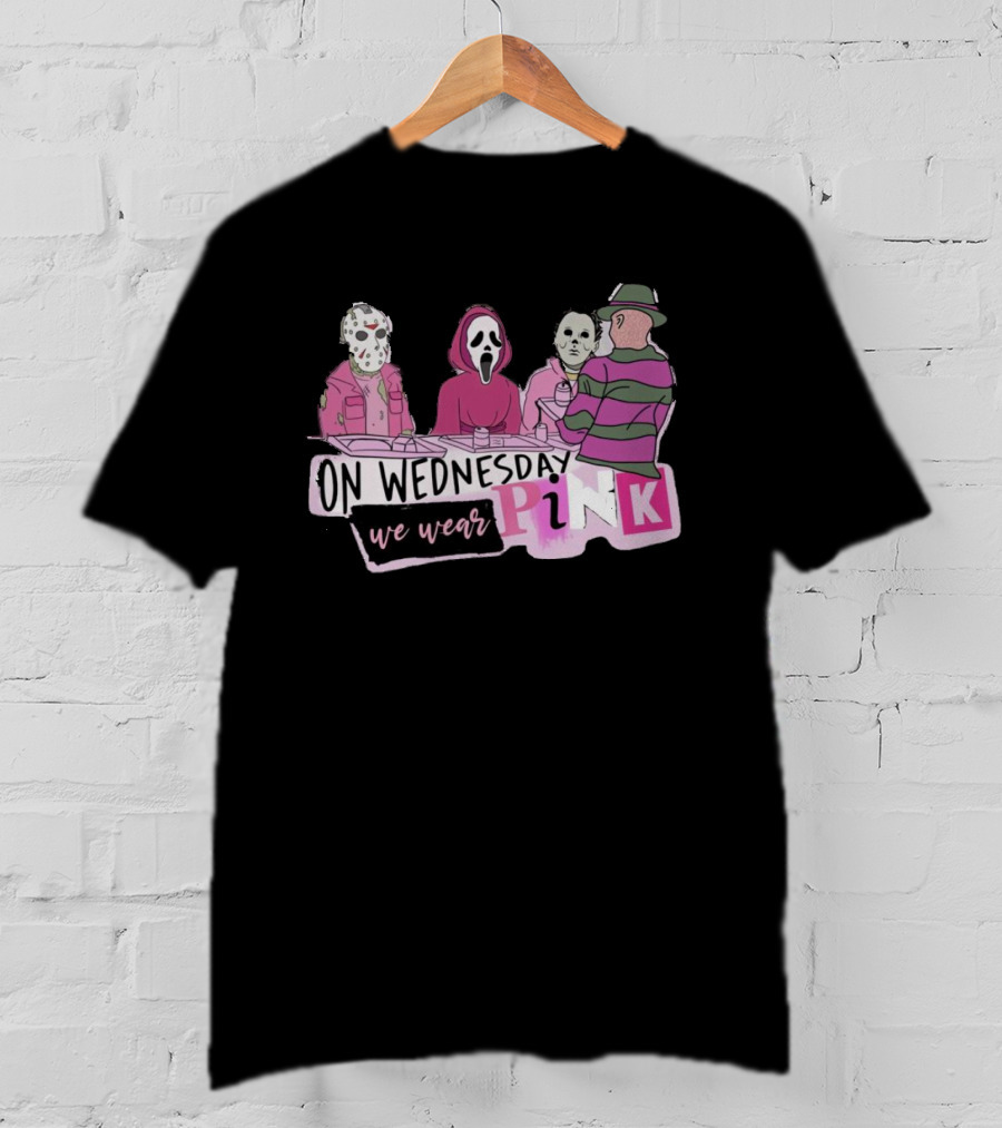On Wednesday We Wear Pink Horror Movie Characters T-Shirt
