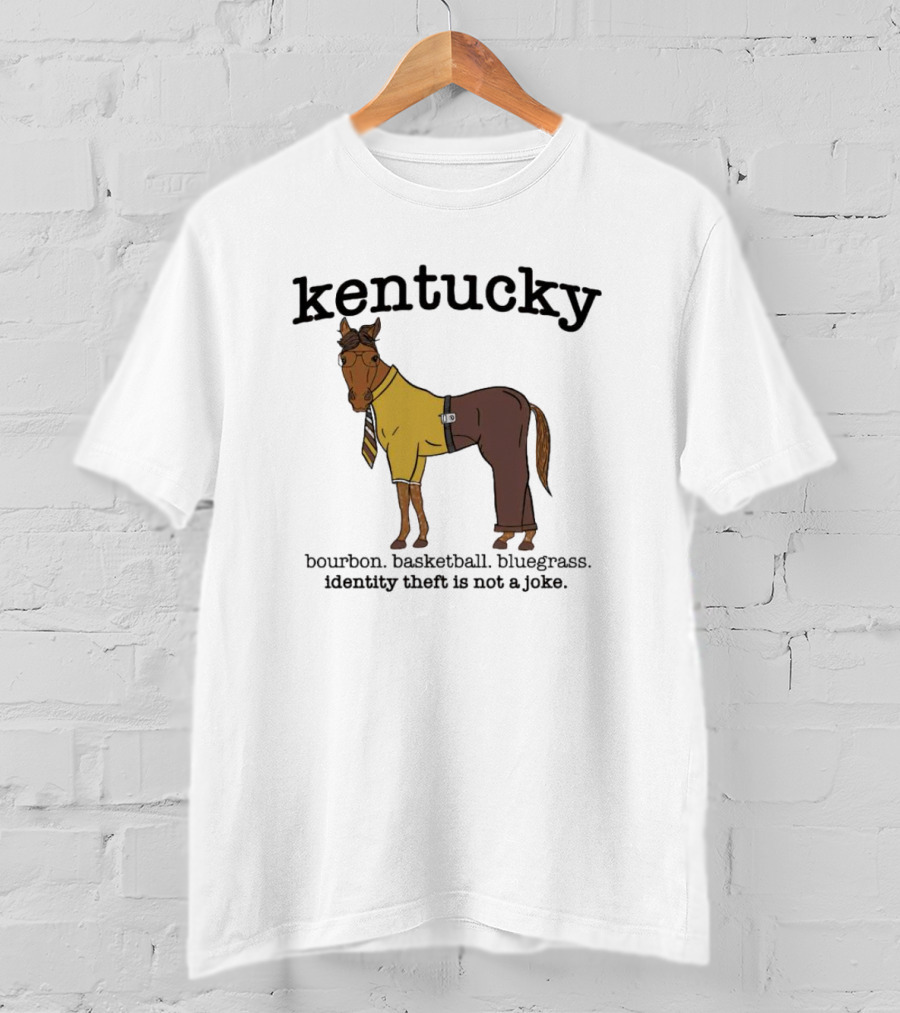 Kentucky Horse In Suit With Bourbon Basketball Bluegrass Identity Theft Not A Joke T-Shirt