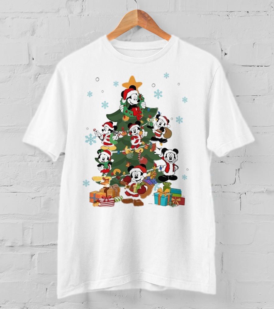 Christmas Tree Mickey Mouse Holiday Characters With Gifts And Snowflakes T-Shirt