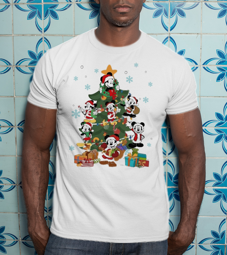 Christmas Tree Mickey Mouse Holiday Characters With Gifts And Snowflakes T-Shirt