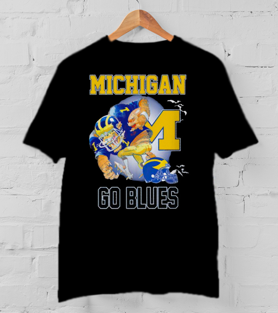 Michigan Wolverines Go Blues Football Player And Helmet T-Shirt
