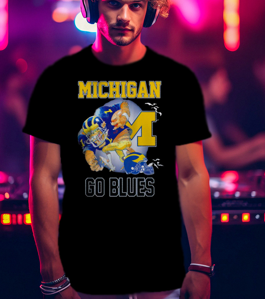Michigan Wolverines Go Blues Football Player And Helmet T-Shirt