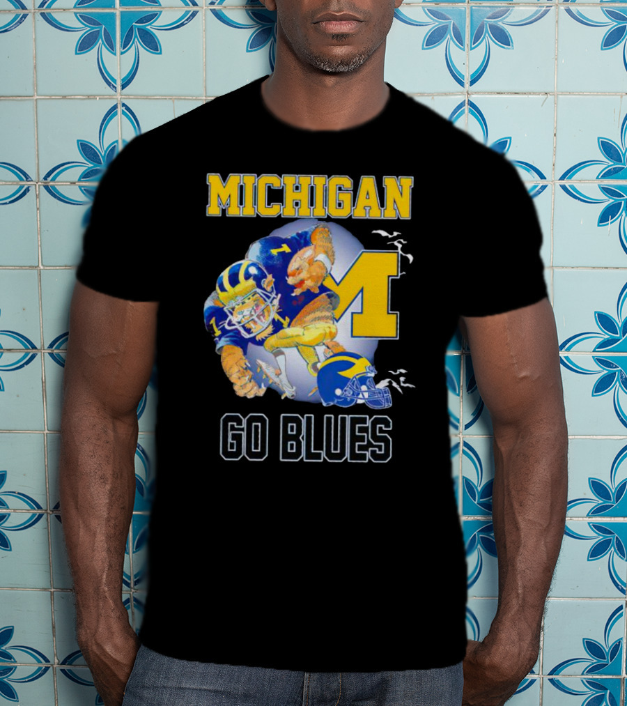 Michigan Wolverines Go Blues Football Player And Helmet T-Shirt