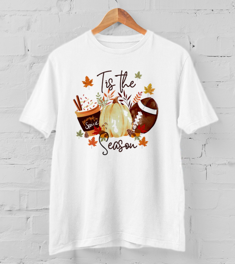 Tis The Season Pumpkin Spice Fall Leaves Football T-Shirt