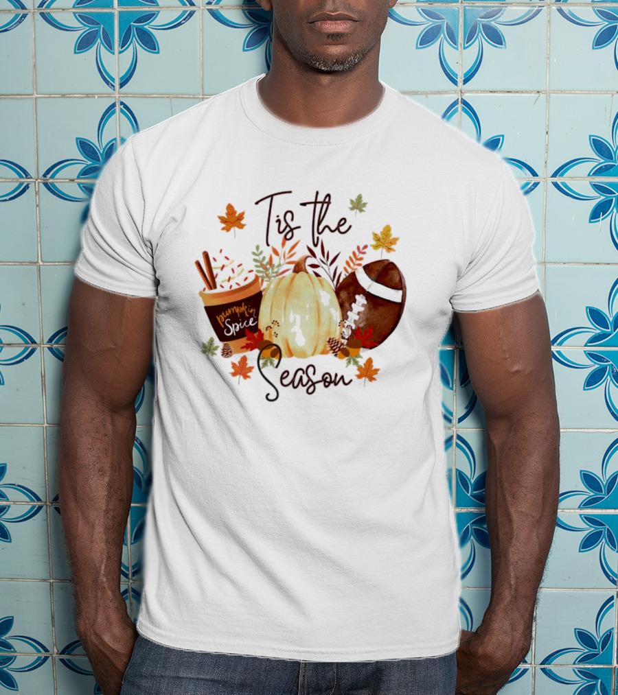 Tis The Season Pumpkin Spice Fall Leaves Football T-Shirt