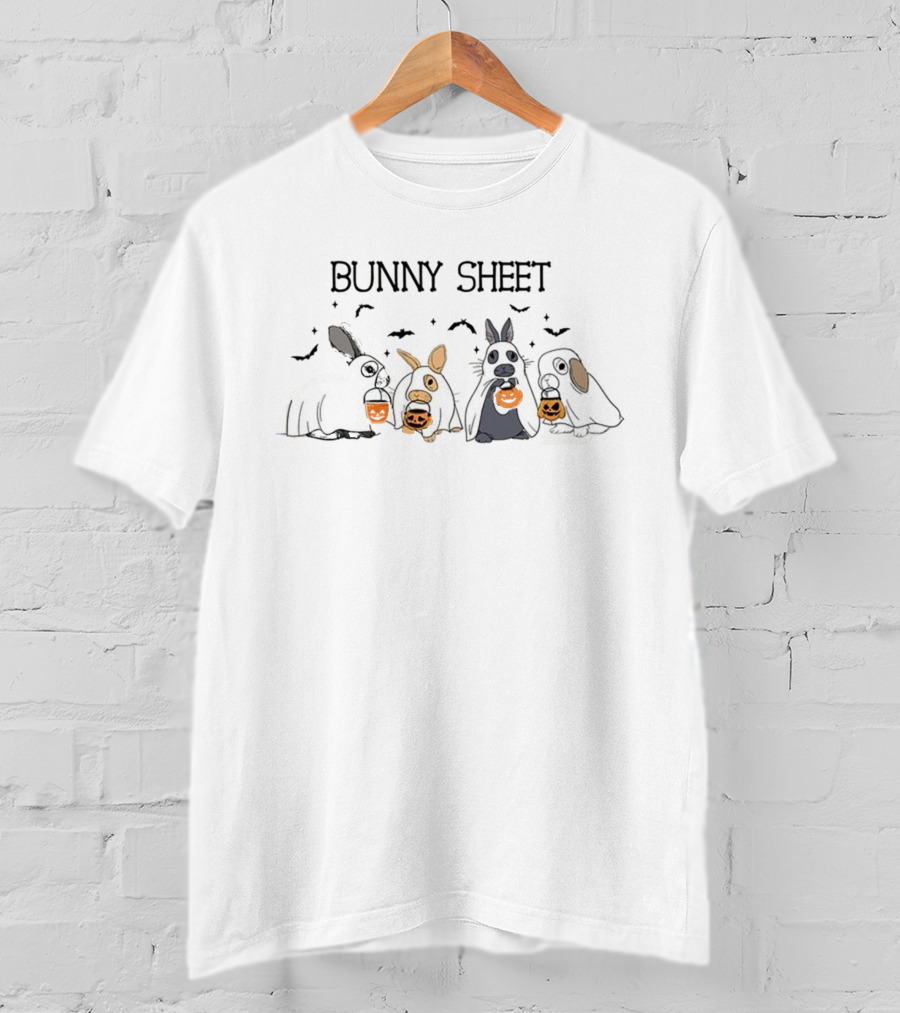 Bunny Sheet Funny Halloween Ghost Rabbits With Pumpkin Buckets T-Shirt