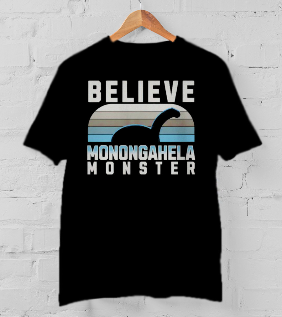 Believe Monongahela Monster Dinosaur Silhouette Striped T-Shirt