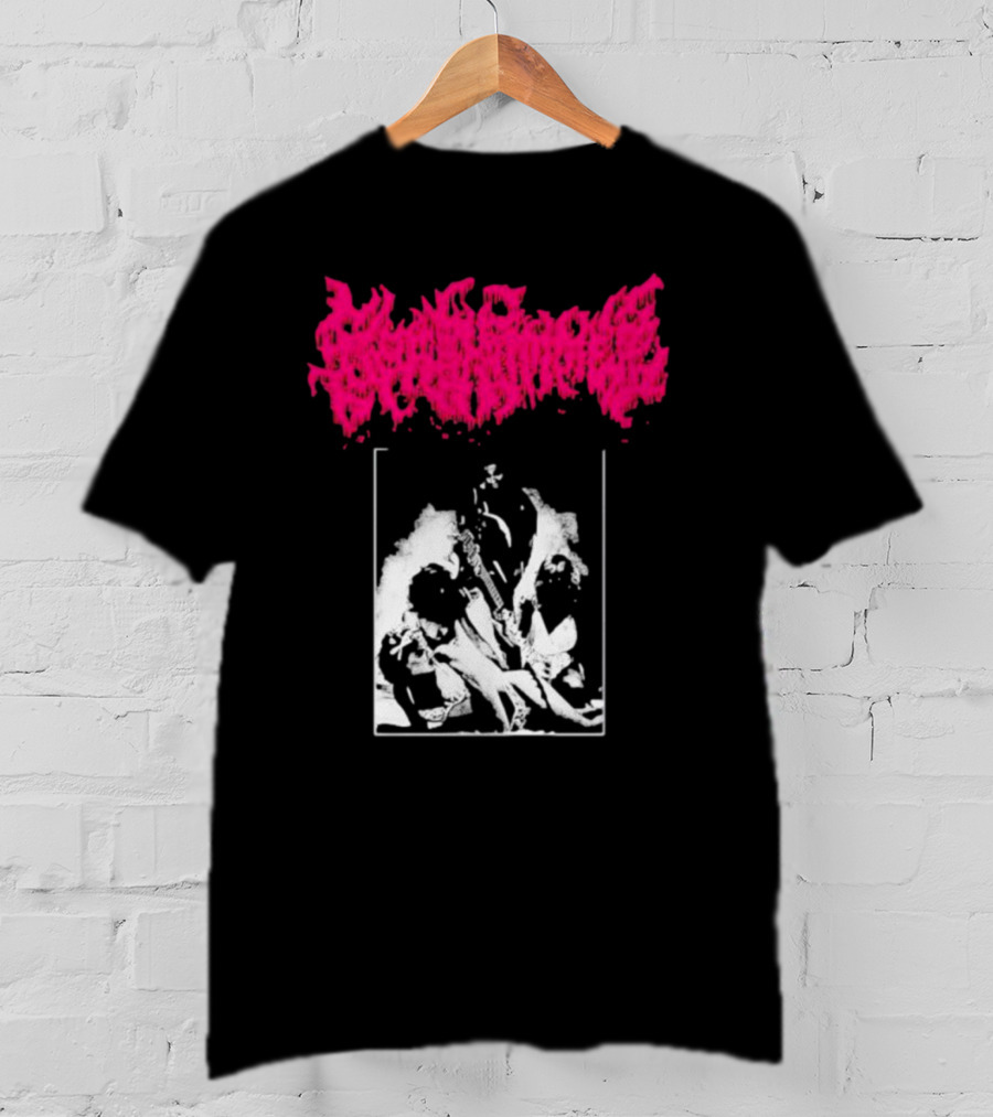 Gorehammer Graphic In Pink Gothic Font With Monochrome Horror Scene T-Shirt