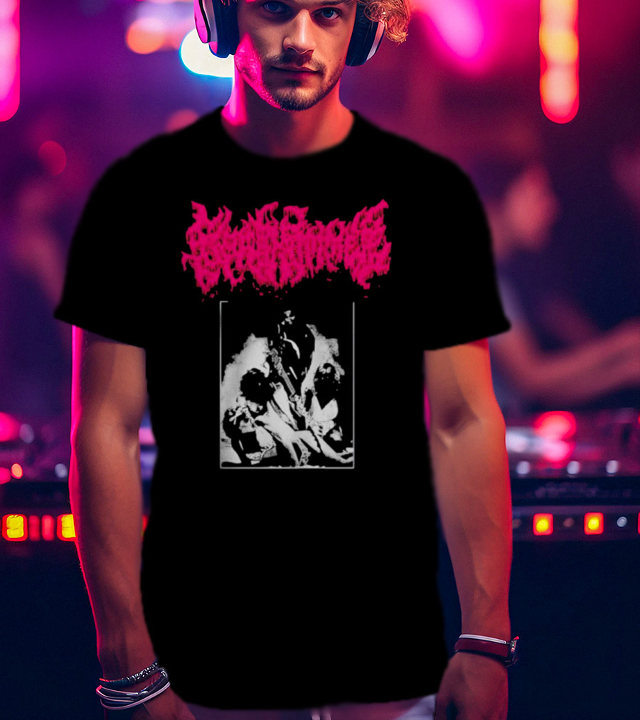 Gorehammer Graphic In Pink Gothic Font With Monochrome Horror Scene T-Shirt