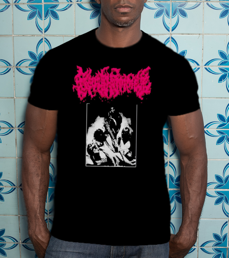 Gorehammer Graphic In Pink Gothic Font With Monochrome Horror Scene T-Shirt