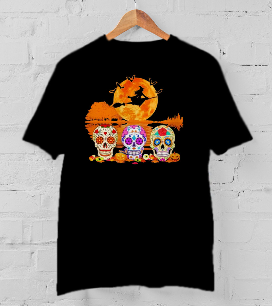 Halloween Witch Sugar Skulls Red Moon Scenic Night T-Shirt