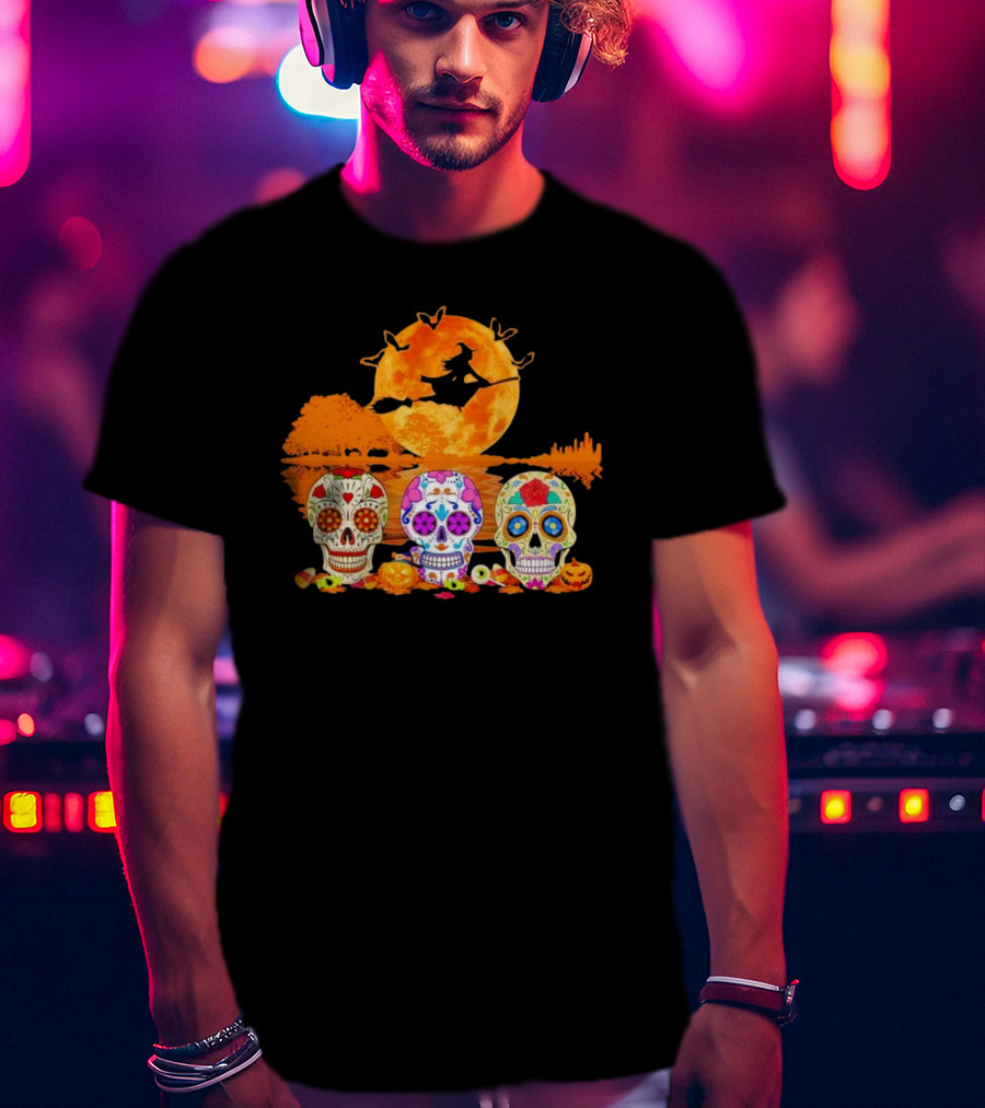 Halloween Witch Sugar Skulls Red Moon Scenic Night T-Shirt