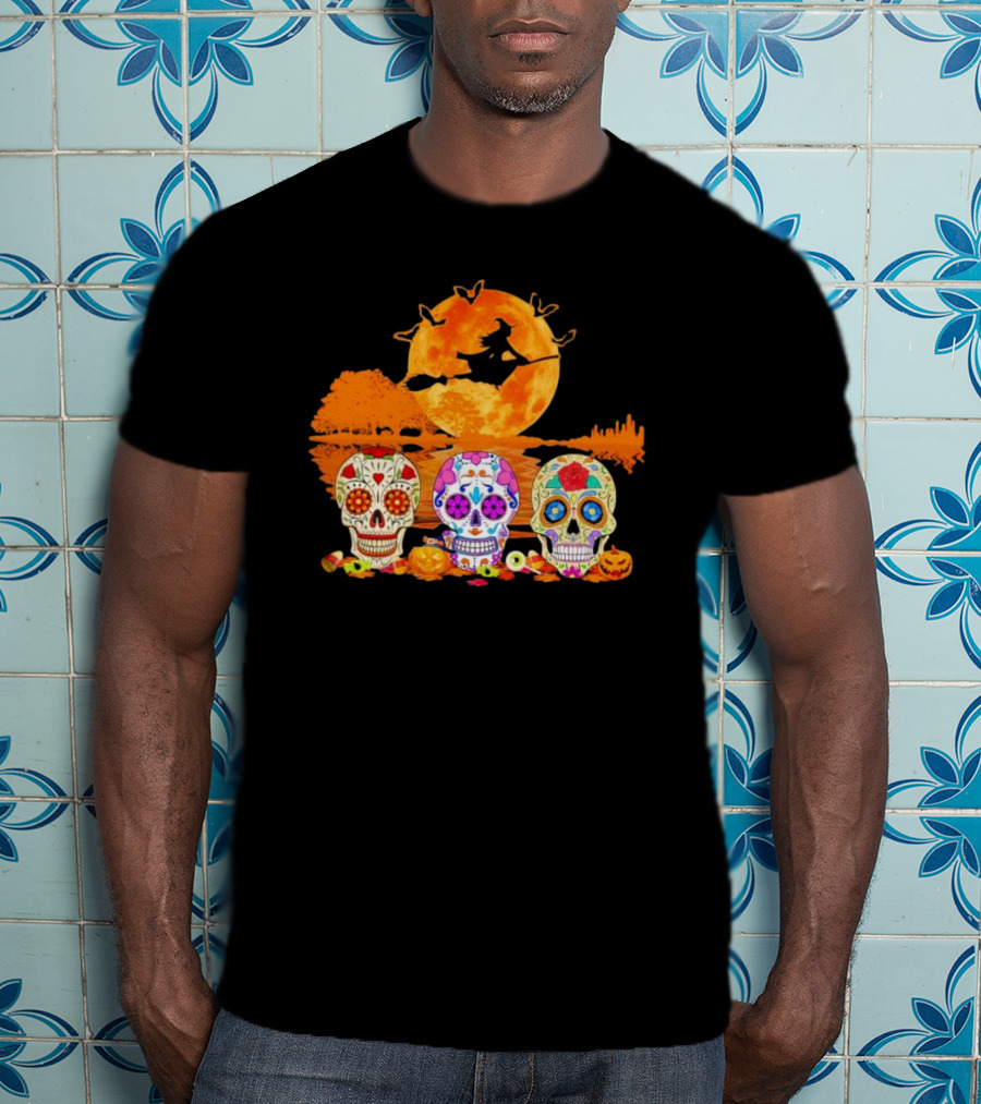 Halloween Witch Sugar Skulls Red Moon Scenic Night T-Shirt