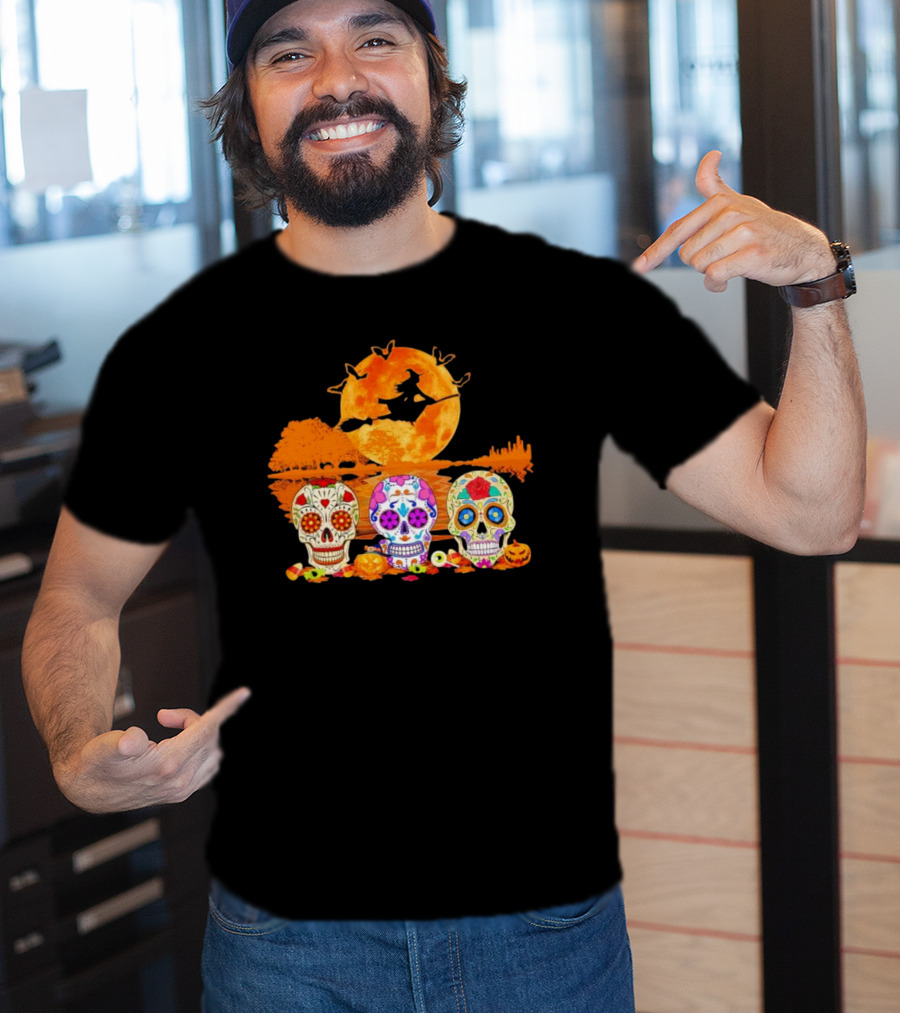 Halloween Witch Sugar Skulls Red Moon Scenic Night T-Shirt