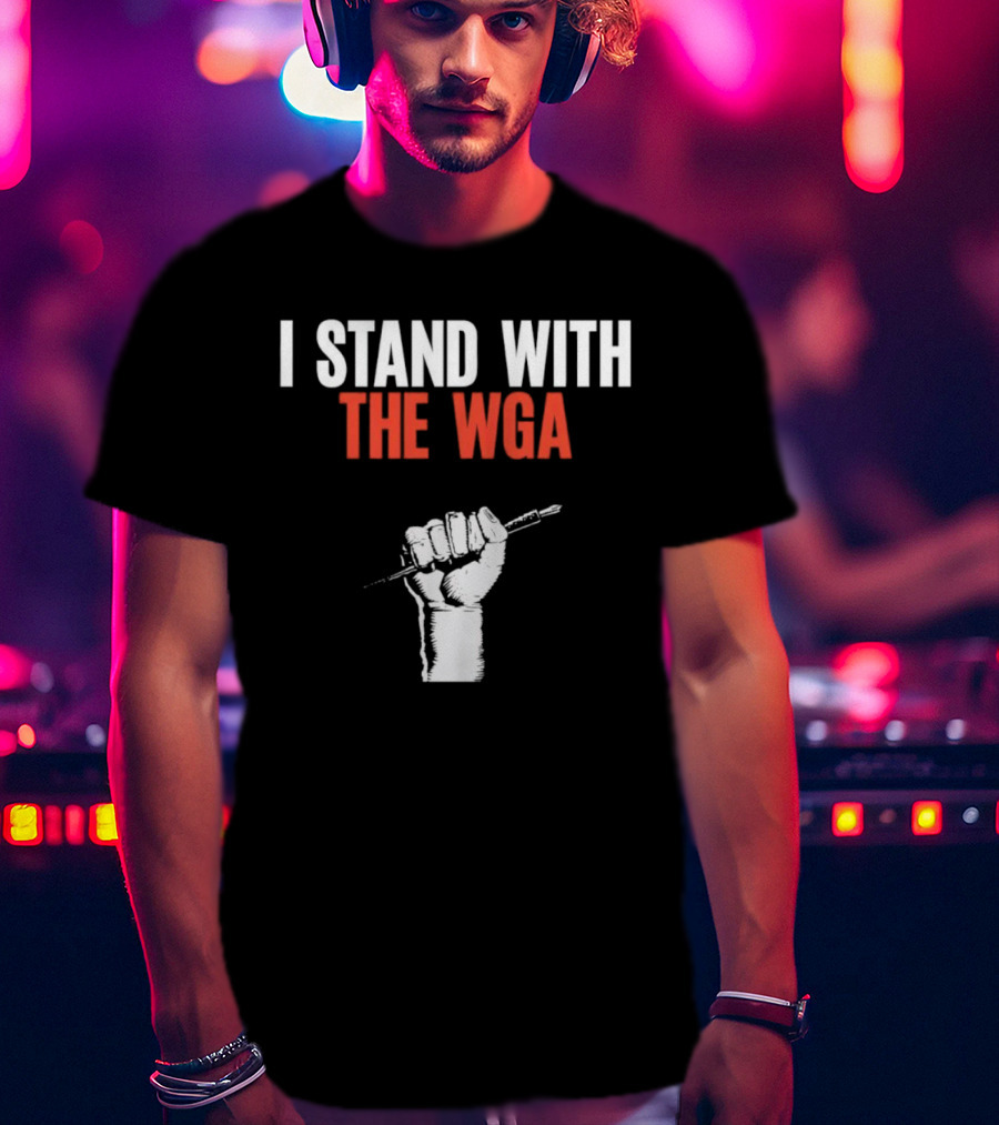 I Stand With WGA Logo Graphic Wrath Fist Artwork Tshirt Battle Writer Usa Harvard Union Caru T-Shirt