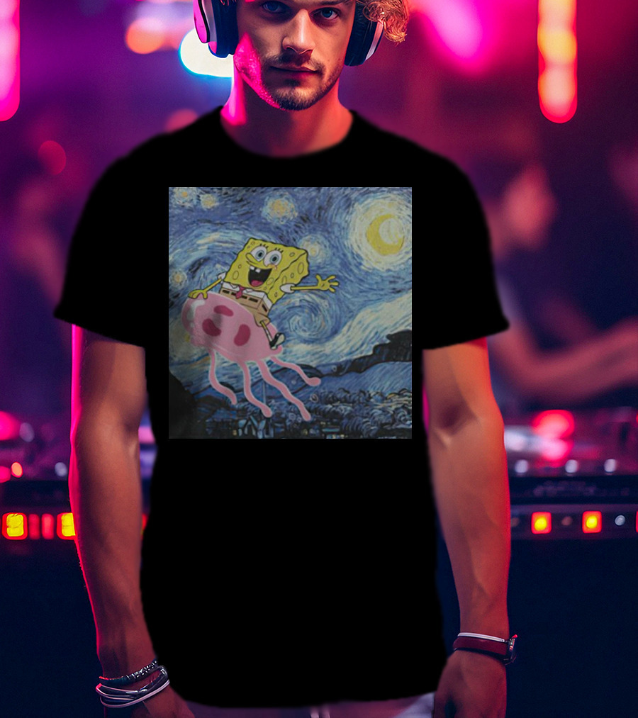 SpongeBob SquarePants Jellyfishing Van Gogh Starry Night Crossover T-Shirt