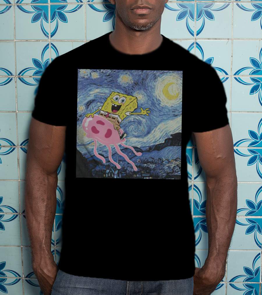 SpongeBob SquarePants Jellyfishing Van Gogh Starry Night Crossover T-Shirt