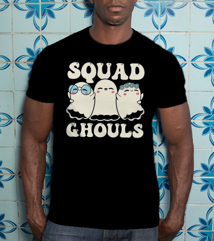 Squad Ghouls Halloween Cute Ghosts With Glasses And Flowers T-Shirt