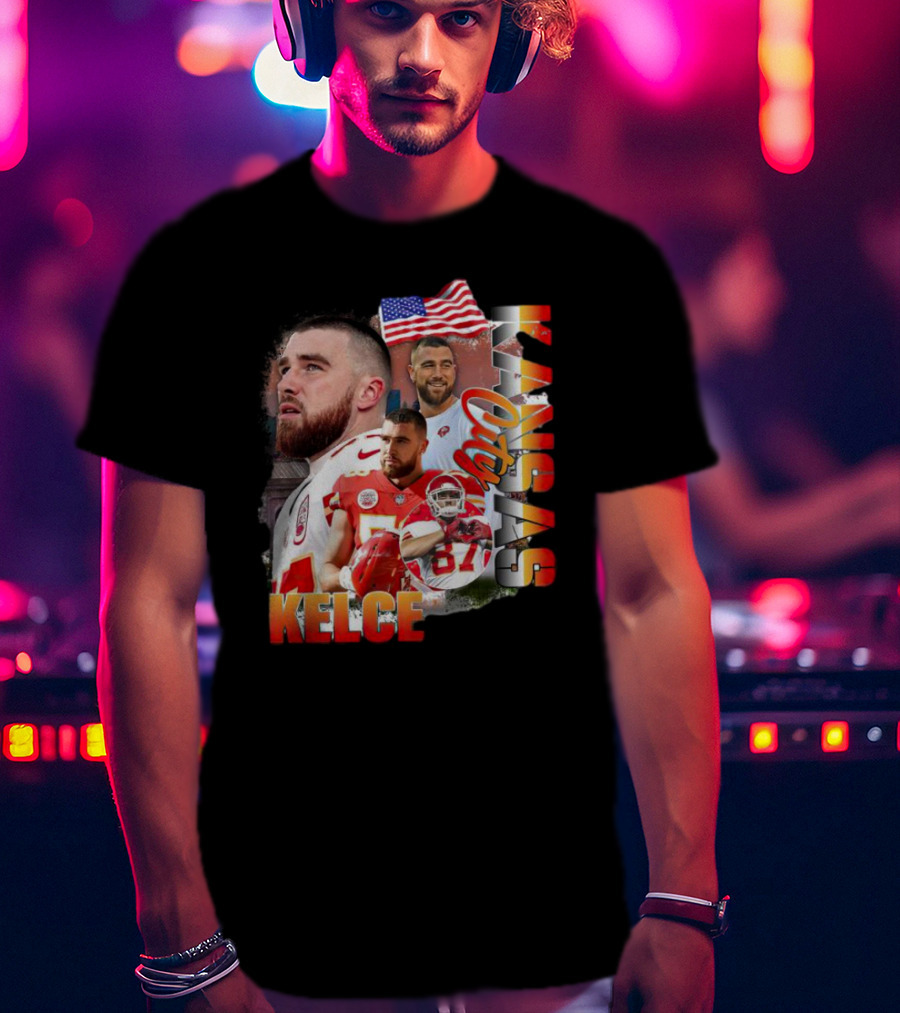 Kelce Kansas City Chiefs Collage With American Flag T-Shirt
