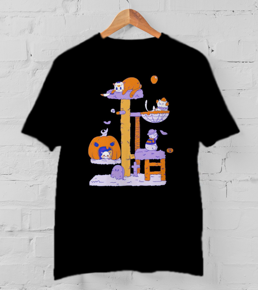 Cats In Halloween Horror Cosplay Playground With Pumpkins And Ghosts T-Shirt
