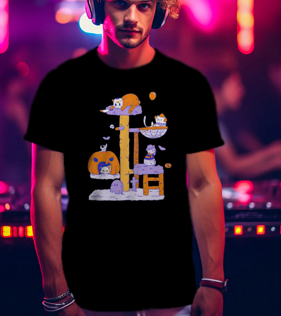 Cats In Halloween Horror Cosplay Playground With Pumpkins And Ghosts T-Shirt