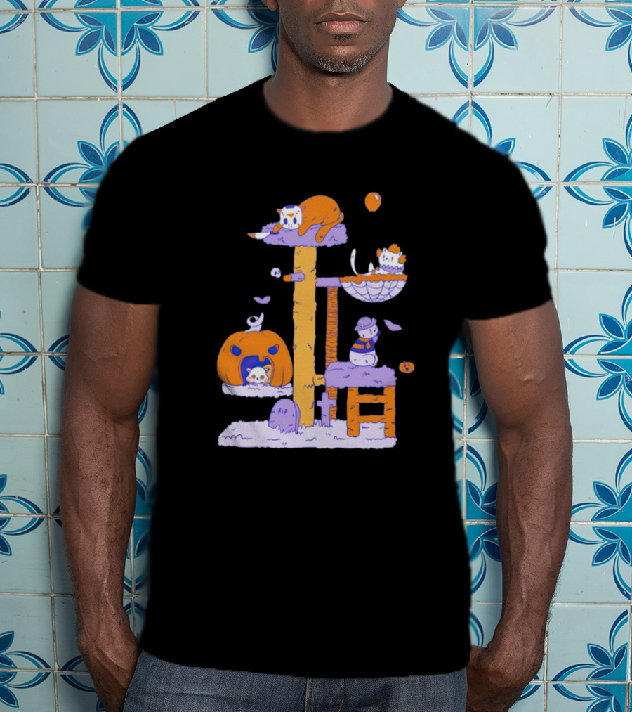 Cats In Halloween Horror Cosplay Playground With Pumpkins And Ghosts T-Shirt