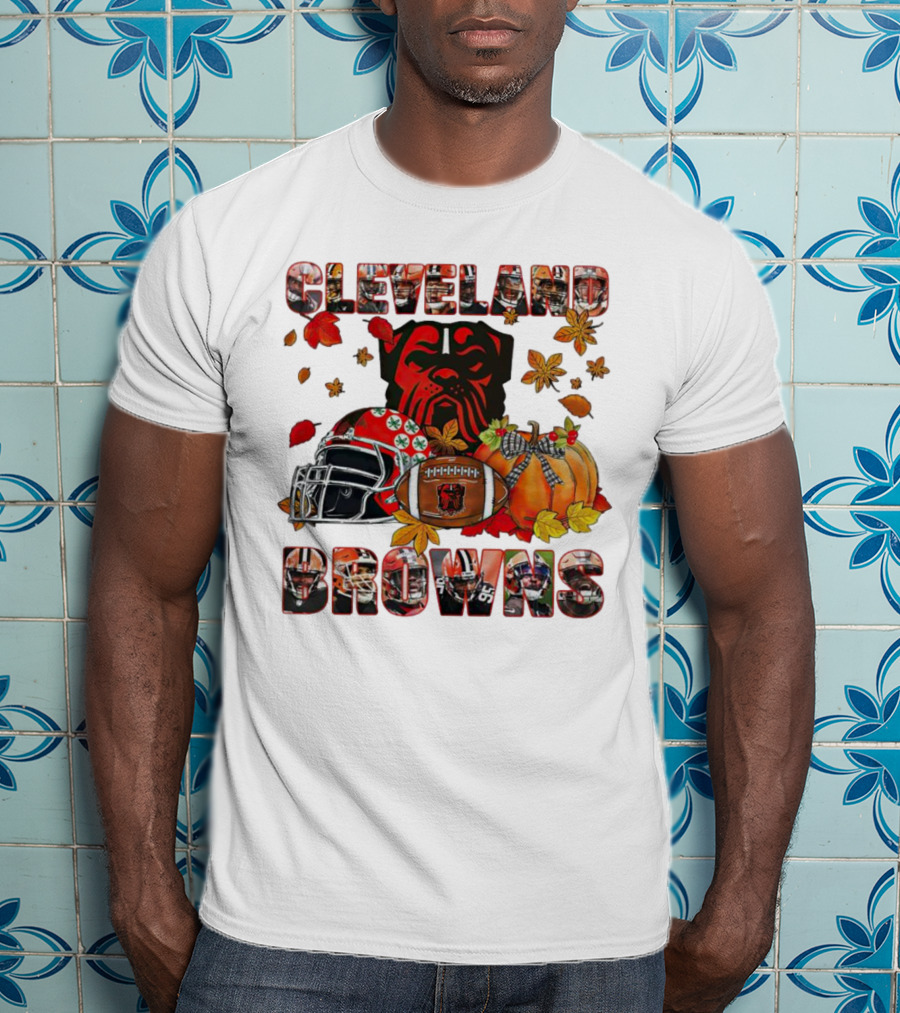 Cleveland Browns Fall Helmet Pumpkin Leaves Football Dog T-Shirt