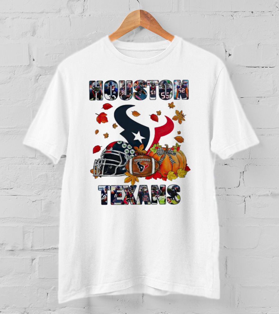 Houston Texans Football Helmet Pumpkin Autumn Leaves T-Shirt