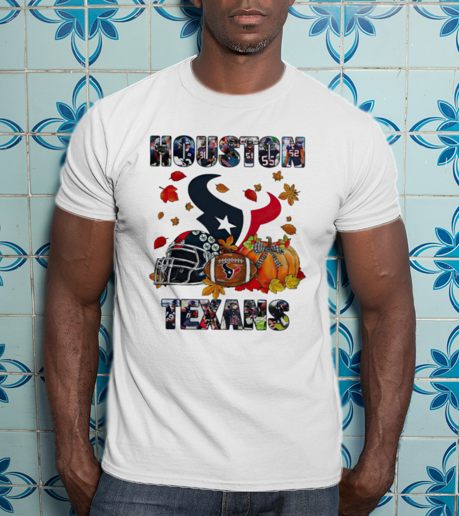 Houston Texans Football Helmet Pumpkin Autumn Leaves T-Shirt