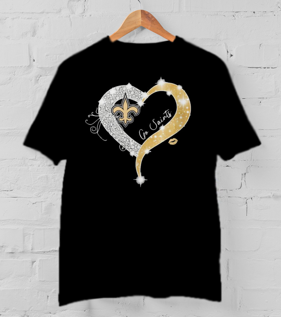 New Orleans Saints Go Saints Fleur-de-Lis Diamond Heart With Gold Sparkle T-Shirt