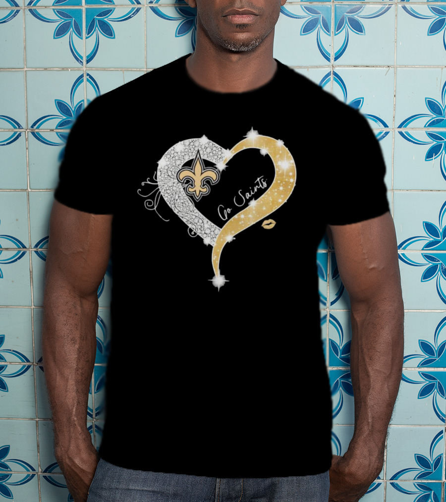 New Orleans Saints Go Saints Fleur-de-Lis Diamond Heart With Gold Sparkle T-Shirt